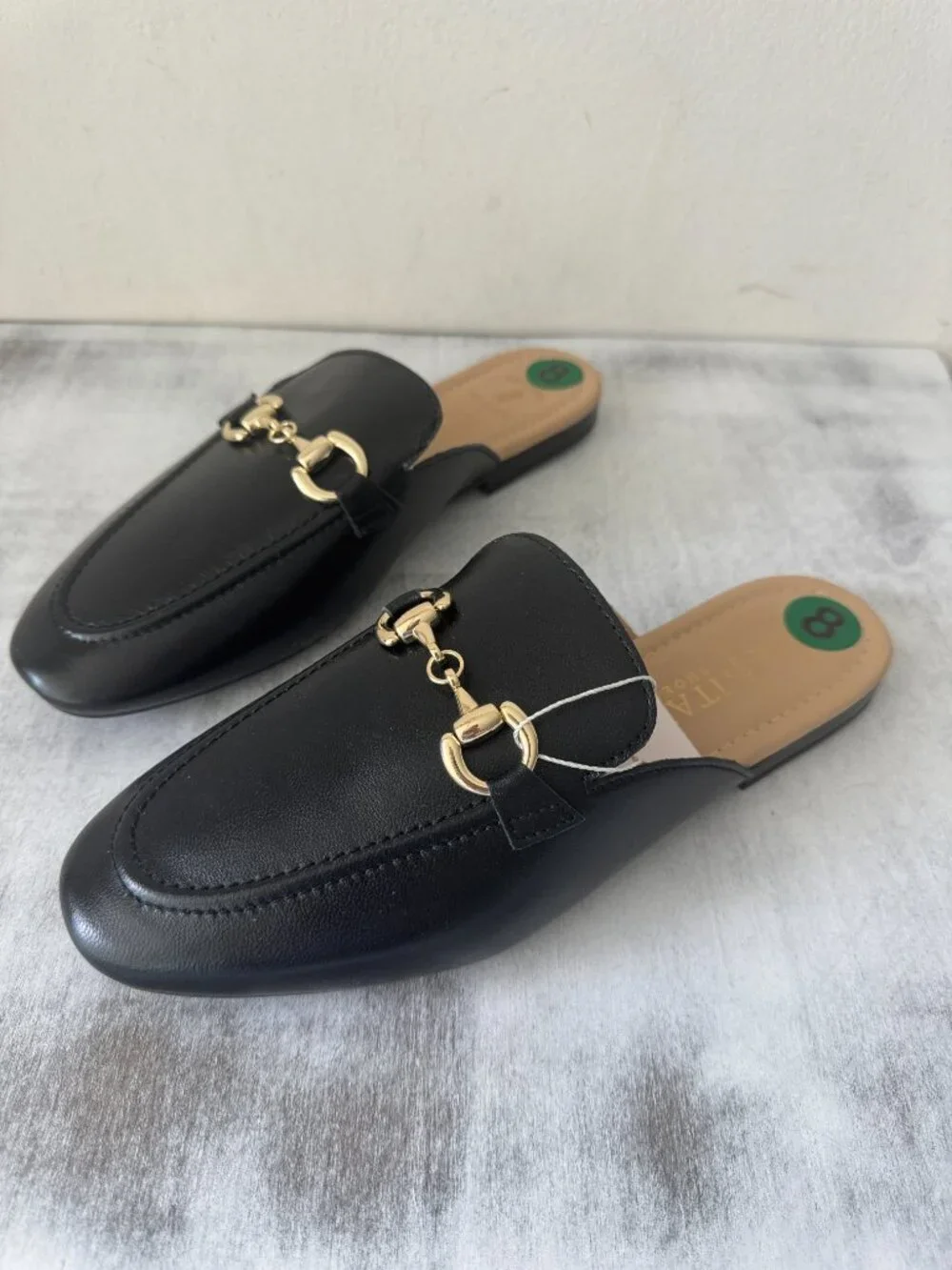 Black Leather Slide Mules with Gold Bit Accent Sz.8